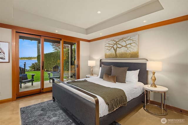 1104 Lakeside Ave S, Seattle, WA 98144 - bedroom with access to exterior, a water view, recessed lighting, and a tray ceiling