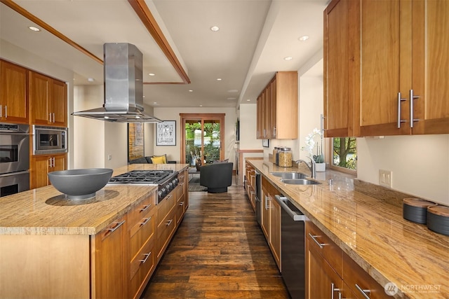 1104 Lakeside Ave S, Seattle, WA 98144 - kitchen featuring island range hood, appliances with stainless steel finishes, open floor plan, dark wood-type flooring, and a center island