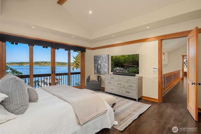 1104 Lakeside Ave S, Seattle, WA 98144 - bedroom with access to exterior, dark wood-style floors, recessed lighting, a water view, and high vaulted ceiling