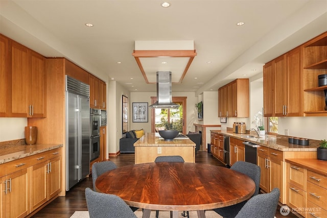 1104 Lakeside Ave S, Seattle, WA 98144 - kitchen featuring island range hood, a kitchen island, open shelves, appliances with stainless steel finishes, and dark wood finished floors