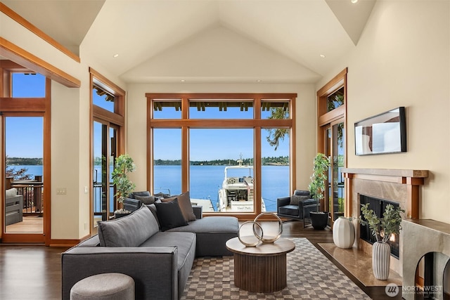 1104 Lakeside Ave S, Seattle, WA 98144 - living area featuring a premium fireplace, high vaulted ceiling, recessed lighting, and dark wood-style floors