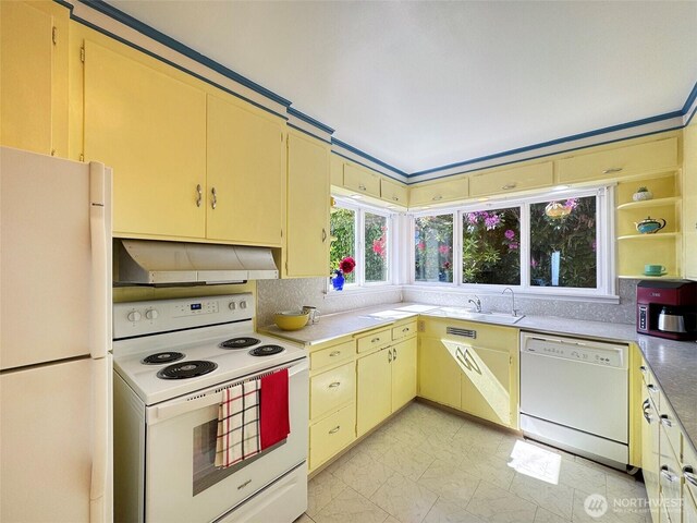13151/2 W 5th St, Port Angeles, WA 98363 - kitchen with white appliances, under cabinet range hood, backsplash, a sink, and open shelves