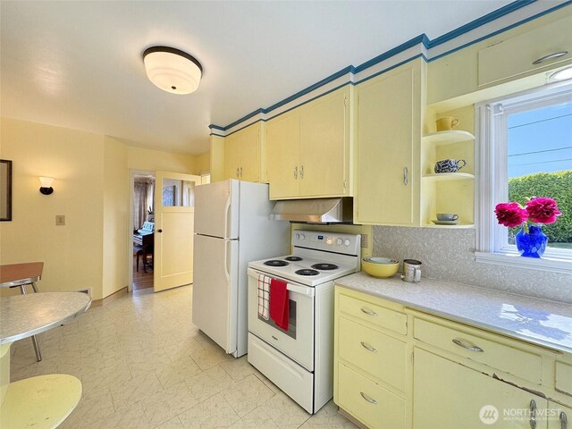 13151/2 W 5th St, Port Angeles, WA 98363 - kitchen with white appliances, ventilation hood, light countertops, and open shelves