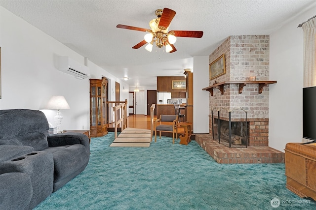10610-10608 109th St SW, Lakewood, WA 98498 - carpeted living area with a wall mounted AC, ceiling fan, a brick fireplace, and a textured ceiling
