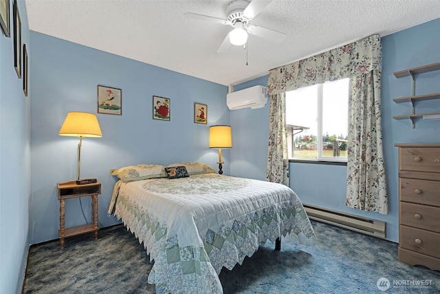 10610-10608 109th St SW, Lakewood, WA 98498 - carpeted bedroom with a wall mounted air conditioner, a baseboard radiator, a textured ceiling, and ceiling fan