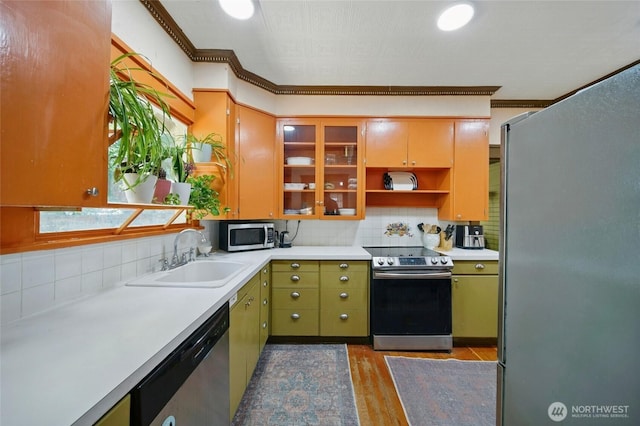 507 S 3rd St, Dayton, WA 99328 - kitchen featuring stainless steel appliances, a sink, ornamental molding, light countertops, and backsplash