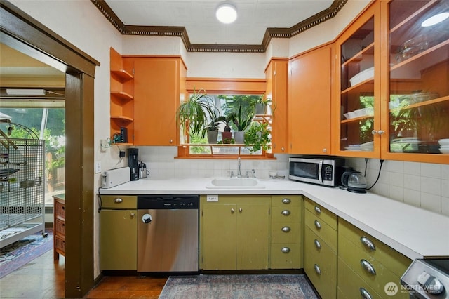 507 S 3rd St, Dayton, WA 99328 - kitchen with stainless steel appliances, light countertops, open shelves, a sink, and ornamental molding