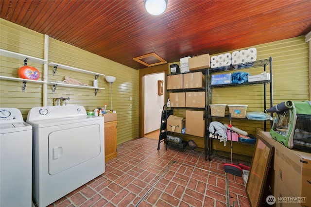 507 S 3rd St, Dayton, WA 99328 - laundry room featuring washing machine and dryer, wooden walls, brick floors, and wood ceiling
