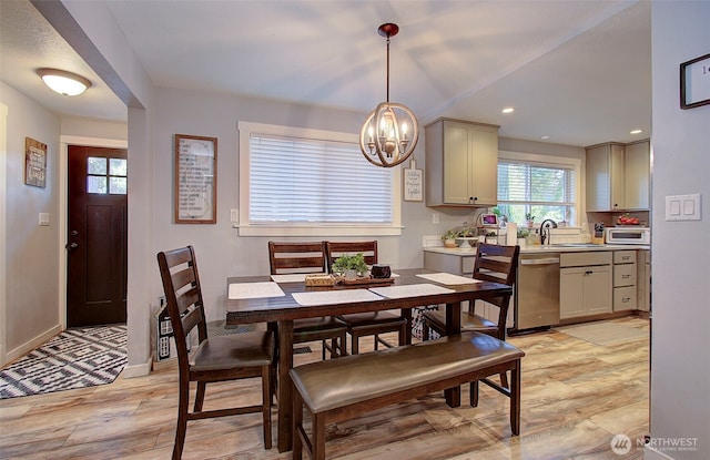 10012 NE 39th St, Vancouver, WA 98662 - dining space with light wood-type flooring, a chandelier, baseboards, and recessed lighting
