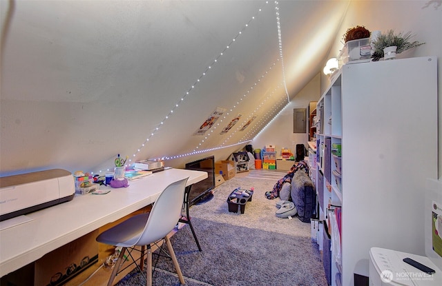10012 NE 39th St, Vancouver, WA 98662 - playroom with carpet floors, an office area, vaulted ceiling, and electric panel