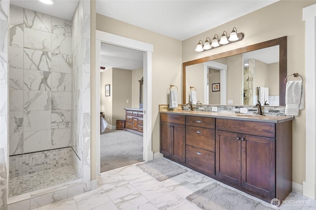1605 Donovan Ave, Bellingham, WA 98225 - full bathroom featuring ensuite bath, marble finish floors, double vanity, and tiled shower