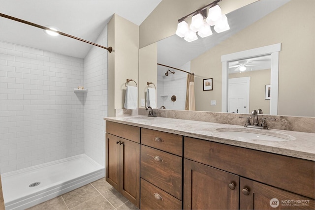 1605 Donovan Ave, Bellingham, WA 98225 - full bathroom with tiled shower, double vanity, tile patterned floors, and ceiling fan