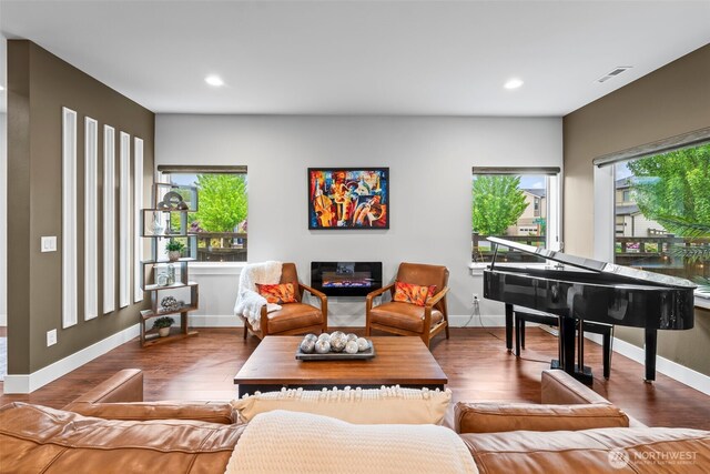 32867 Madrona Ave SE, Black Diamond, WA 98010 - living area with recessed lighting, wood finished floors, and a glass covered fireplace