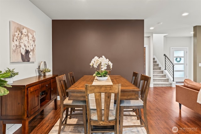 32867 Madrona Ave SE, Black Diamond, WA 98010 - dining area featuring dark wood-style floors, recessed lighting, and stairway