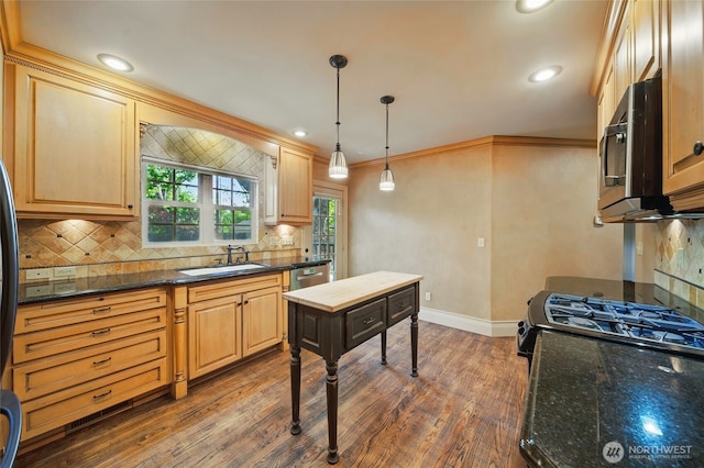 1126 E Alder St, Walla Walla, WA 99362 - kitchen with appliances with stainless steel finishes, baseboards, dark wood finished floors, backsplash, and a sink
