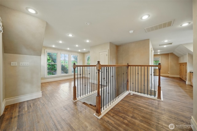 1126 E Alder St, Walla Walla, WA 99362 - hall featuring an upstairs landing, wood finished floors, baseboards, recessed lighting, and vaulted ceiling