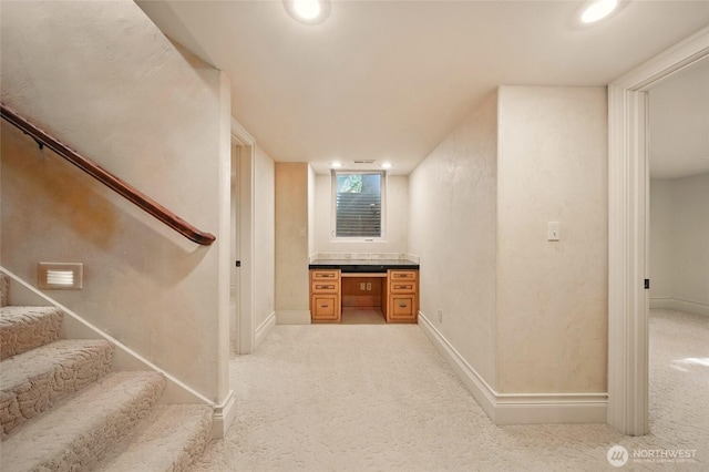 1126 E Alder St, Walla Walla, WA 99362 - hall with light carpet, stairs, baseboards, and recessed lighting