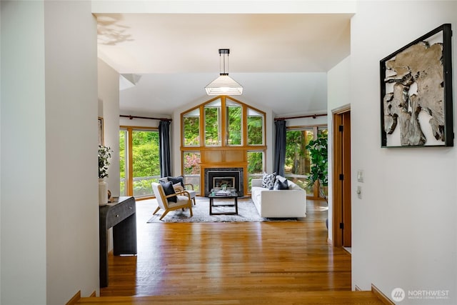 5419 Quail Run, Blaine, WA 98230 - living area with wood finished floors, a glass covered fireplace, and lofted ceiling