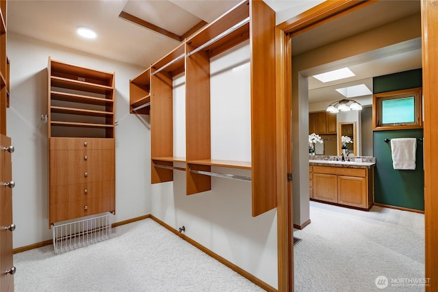 5419 Quail Run, Blaine, WA 98230 - walk in closet featuring a skylight, light colored carpet, and a sink