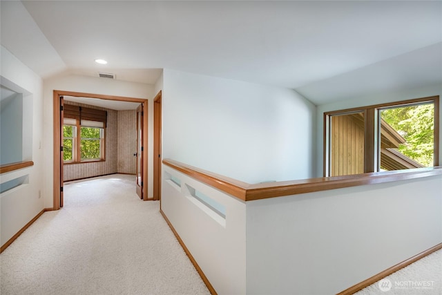 5419 Quail Run, Blaine, WA 98230 - hall featuring vaulted ceiling, light colored carpet, baseboards, and recessed lighting