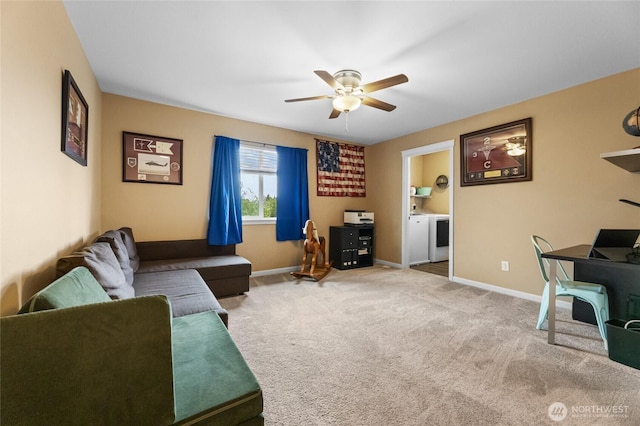 15315 91st Ave SE, Yelm, WA 98597 - carpeted living room featuring a ceiling fan and baseboards