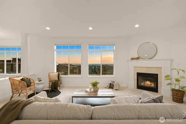 3421 Highfield Ct, Bellingham, WA 98226 - carpeted living area featuring recessed lighting and a tile fireplace