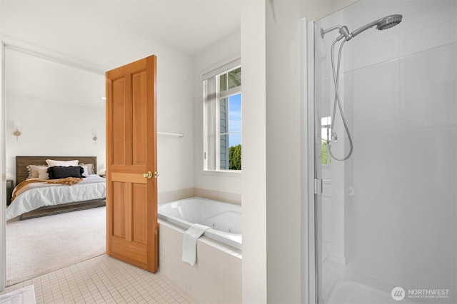 3421 Highfield Ct, Bellingham, WA 98226 - bathroom featuring connected bathroom, a stall shower, a tub with jets, and tile patterned flooring