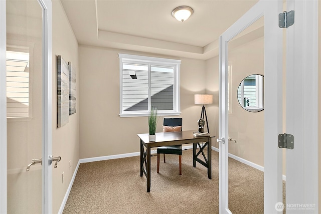 7391 Mirasett St SW Lot 42, Tumwater, WA 98512 - office area with carpet, a tray ceiling, baseboards, and healthy amount of natural light