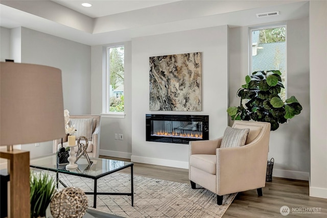 6726 NE 187th St Unit 102, Kenmore, WA 98028 - living area featuring wood finished floors, a glass covered fireplace, and recessed lighting