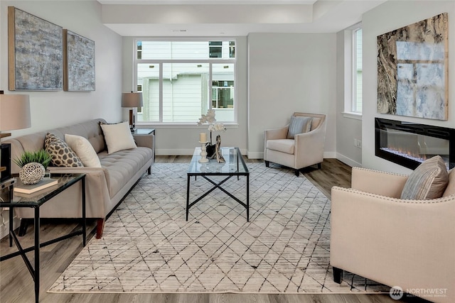 6726 NE 187th St Unit 102, Kenmore, WA 98028 - living area with light wood-style floors and a glass covered fireplace