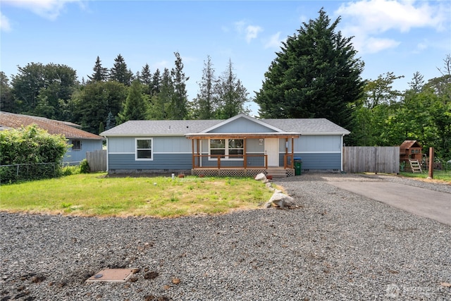 133 Broad St W, Bremerton, WA 98312 - view of front of property with covered porch, crawl space, roof with shingles, board and batten siding, and gravel driveway