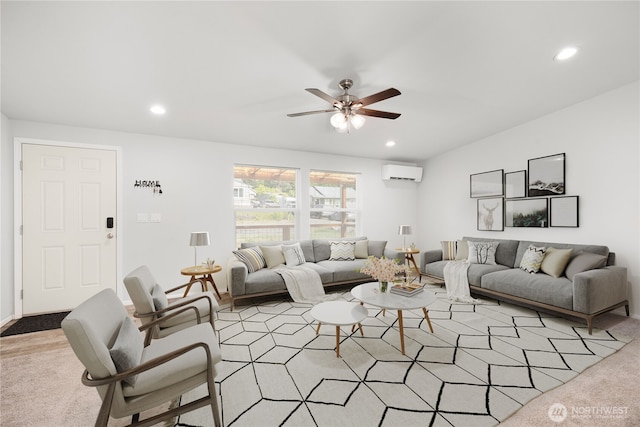 133 Broad St W, Bremerton, WA 98312 - living room featuring a wall mounted air conditioner, light carpet, a ceiling fan, and recessed lighting