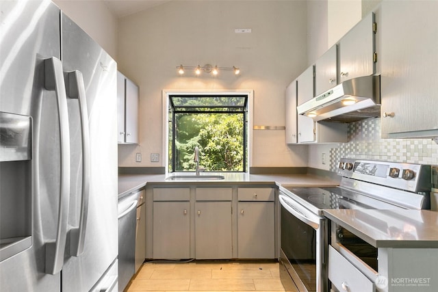 10008 50th Pl W, Mukilteo, WA 98275 - kitchen with refrigerator with ice dispenser, white range with electric cooktop, under cabinet range hood, gray cabinetry, and stainless steel dishwasher
