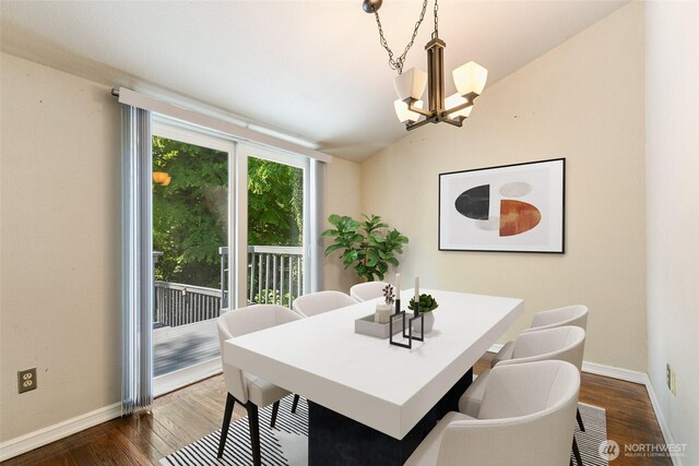 10008 50th Pl W, Mukilteo, WA 98275 - dining area with a chandelier, lofted ceiling, and dark wood-style floors