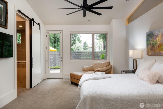 11116 SE 4th St, Bellevue, WA 98004 - bedroom featuring a barn door, lofted ceiling, access to exterior, carpet floors, and ceiling fan