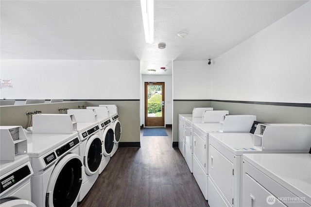 4721 176th St SW Unit G7, Lynnwood, WA 98037 - community laundry with independent washer and dryer, dark wood-type flooring, baseboards, and a textured ceiling