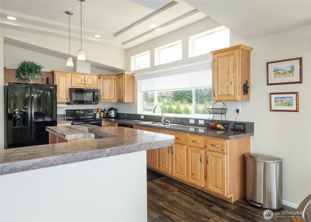 155 Triopha Ln, Sequim, WA 98382 - kitchen featuring black appliances, light brown cabinets, dark wood-style floors, recessed lighting, and pendant lighting
