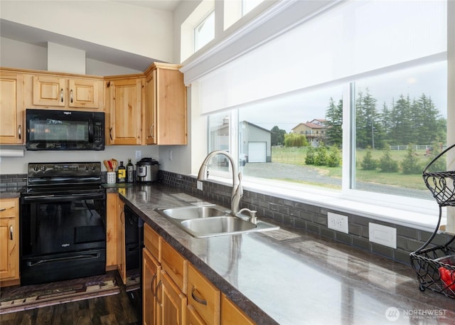 155 Triopha Ln, Sequim, WA 98382 - kitchen with black appliances, light brown cabinetry, and tasteful backsplash