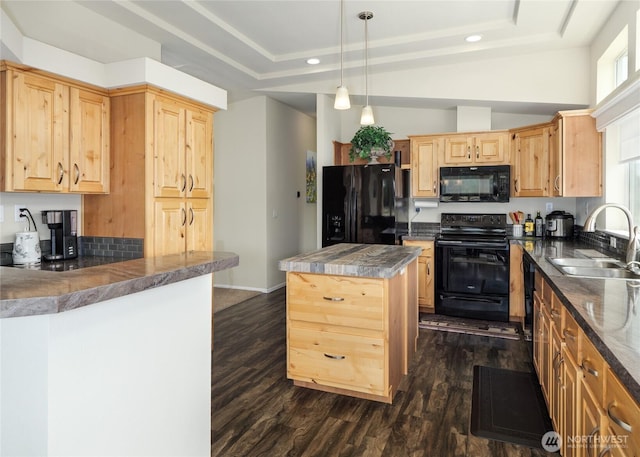 155 Triopha Ln, Sequim, WA 98382 - kitchen with black appliances, light brown cabinetry, a raised ceiling, dark wood-style flooring, and recessed lighting