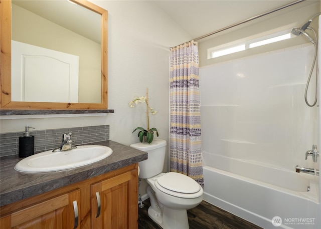 155 Triopha Ln, Sequim, WA 98382 - full bath featuring vanity, shower / tub combo, tasteful backsplash, and wood finished floors