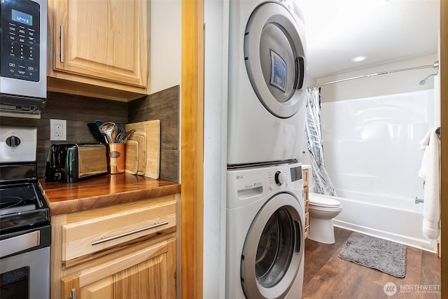 118 Silver Tip Ln, Packwood, WA 98361 - laundry area featuring stacked washer / drying machine and dark wood-type flooring