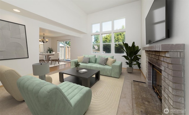 2715 99th Ave NE, Lake Stevens, WA 98258 - living area featuring carpet floors, a fireplace, a chandelier, and recessed lighting