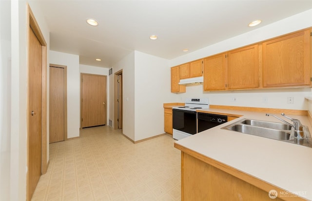2715 99th Ave NE, Lake Stevens, WA 98258 - kitchen featuring electric stove, under cabinet range hood, dishwasher, light floors, and light countertops