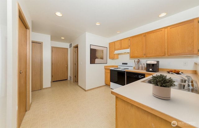2715 99th Ave NE, Lake Stevens, WA 98258 - kitchen with white electric stove, under cabinet range hood, black dishwasher, light flooring, and light countertops