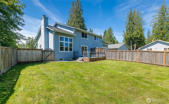 2715 99th Ave NE, Lake Stevens, WA 98258 - rear view of house with a chimney, a fenced backyard, a gate, a deck, and crawl space
