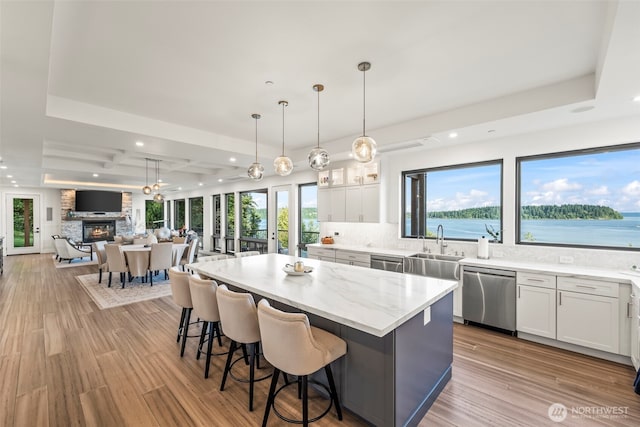 9418 165th Avenue Ct SW, Longbranch, WA 98351 - kitchen featuring stainless steel dishwasher, a center island, decorative backsplash, a raised ceiling, and white cabinetry