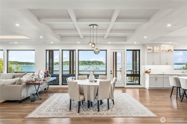 9418 165th Avenue Ct SW, Longbranch, WA 98351 - dining space with coffered ceiling, recessed lighting, beamed ceiling, and light wood finished floors