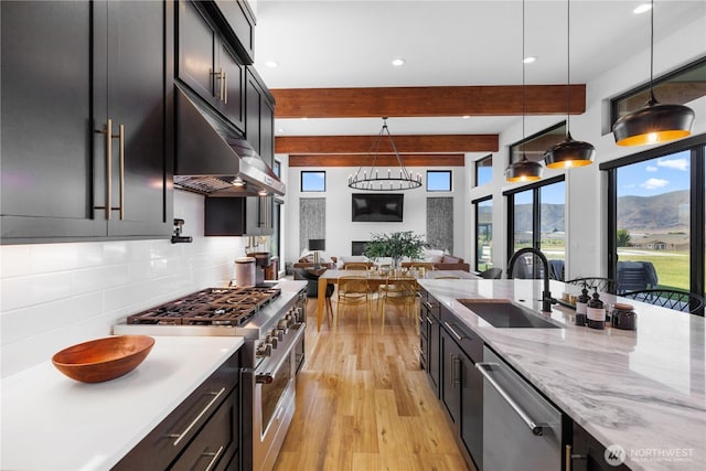 204 Moon River Vw SW, Mattawa, WA 99349 - kitchen with stainless steel appliances, under cabinet range hood, light wood-style flooring, tasteful backsplash, and open floor plan