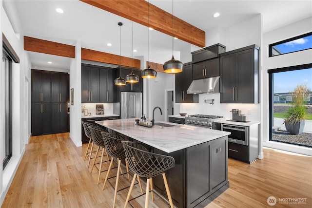 204 Moon River Vw SW, Mattawa, WA 99349 - kitchen with under cabinet range hood, high quality appliances, light wood-style flooring, beam ceiling, and backsplash