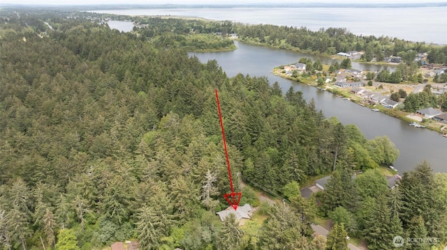 401 Draconis Ave SE, Ocean Shores, WA 98569 - aerial view of property and surrounding area featuring a forest and a large body of water